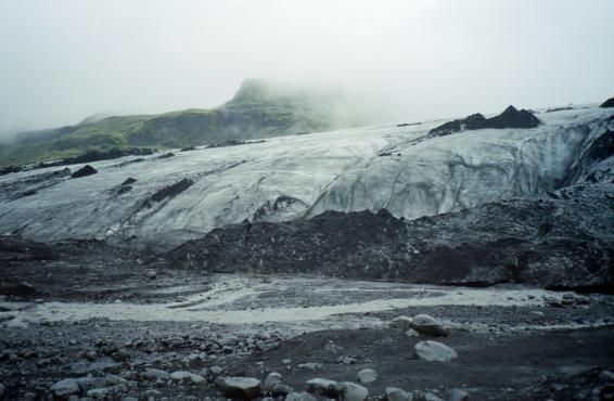 The edge of the S�lheimaj�kull glacier, covered in dust and ash