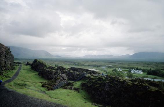 A view over the plains at �ingvellir from just above the lake, showing the houses and the mountains